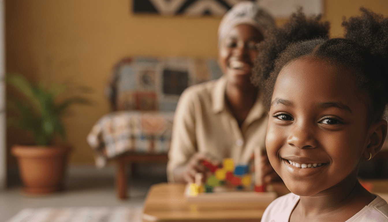Une petite fille souriante regarde l'objectif tandis qu'une aide à domicile certifiée joue derrière elle à un jeu de formes en bois